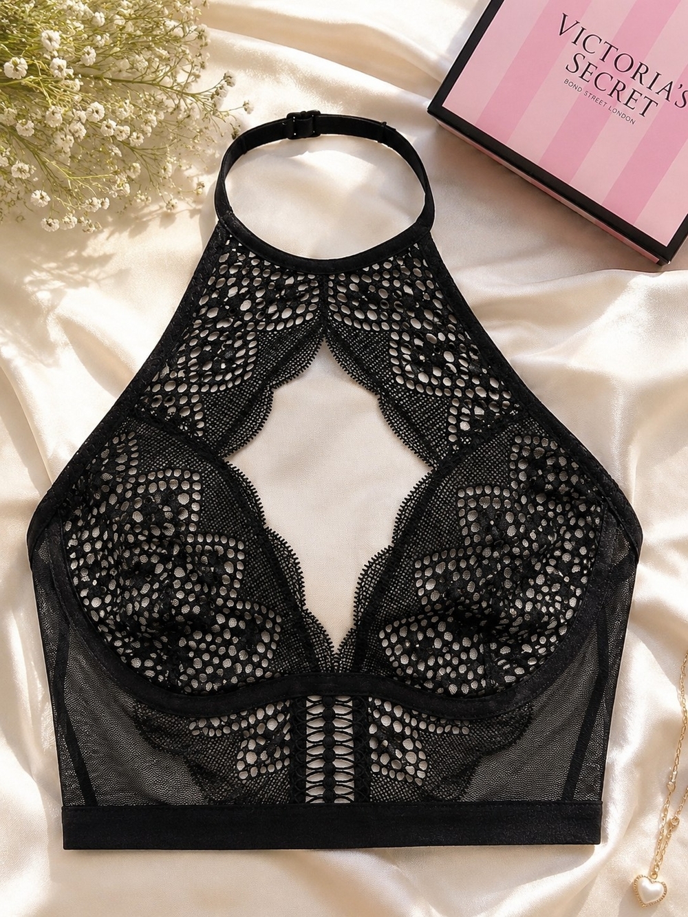 Victoria's Secret Very Sexy Black Lace Mesh Halter Longline Bralette L Wireless